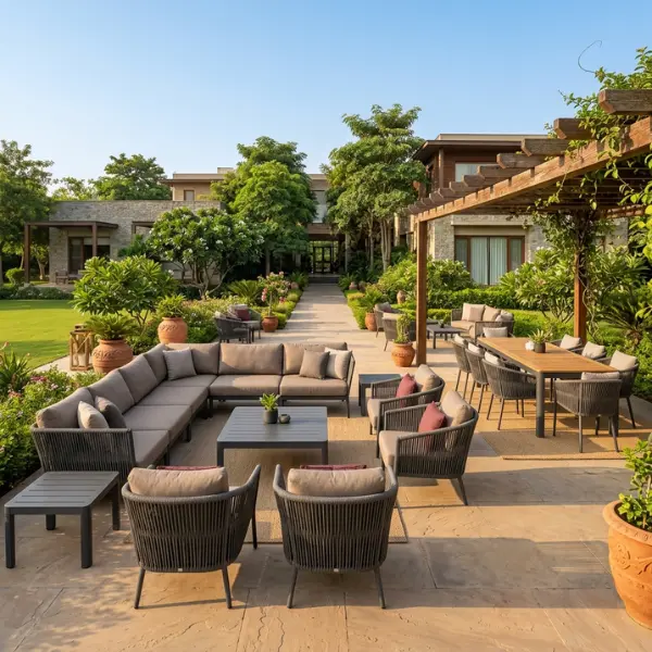 Premium resort and farmhouse outdoor furniture designed for Amritsar's climate with marine-grade aluminium frames.