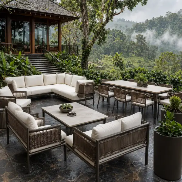 Premium resort furniture manufacturer in Coorg supplying marine-grade aluminium and wicker seating for hotels and homestays.