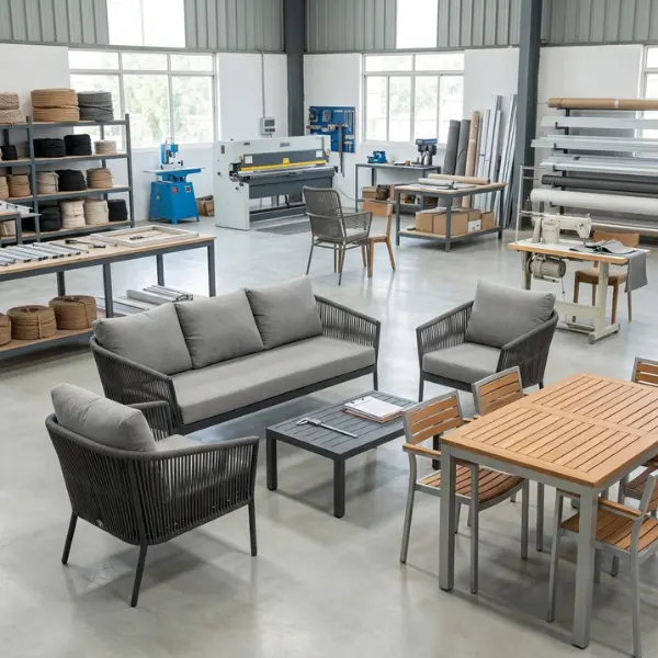 Craftnika's B2B factory unit assembling marine-grade aluminium and rope woven outdoor resort furniture for Gulmarg hotel bulk orders.