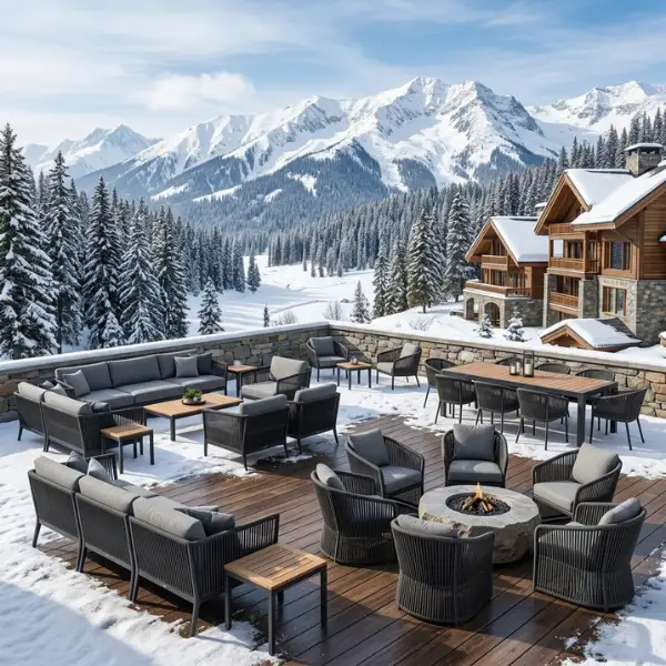 Snow-resistant outdoor patio sofa set and fire pit lounge chairs manufactured by Resort Furniture Manufacturer Gulmarg for luxury mountain hotels.