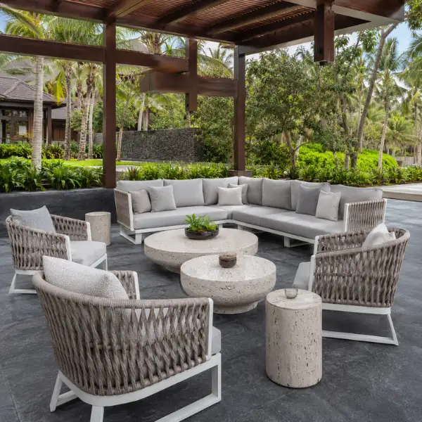 Custom outdoor hotel furniture manufactured for boutique resorts in Kerala, featuring rust-proof marine-grade aluminium frames.