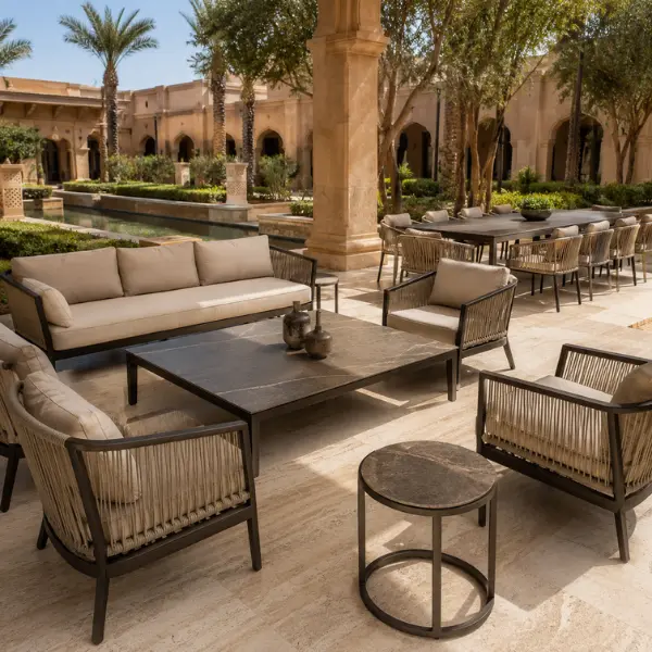 Custom resort furniture manufactured by Craftnika for luxury properties in Rajasthan.