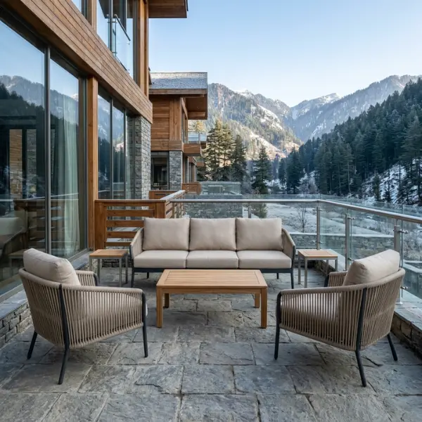 Premium restaurant outdoor seating setup at a Shimla hill station cafe overlooking the valley.