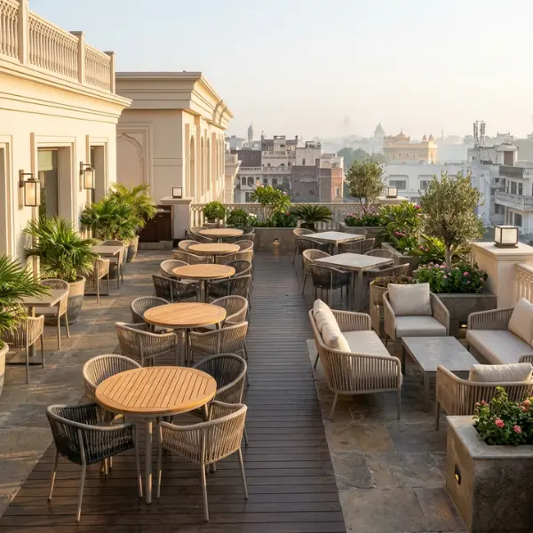 Weatherproof rooftop restaurant furniture manufactured for cafes in Amritsar, featuring marine-grade aluminium and outdoor durability.