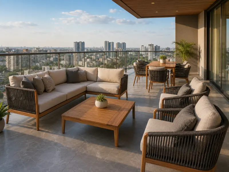 Premium rooftop restaurant furniture setup featuring durable dining sets with a city skyline view. - waterproof balcony furniture wholesale indore