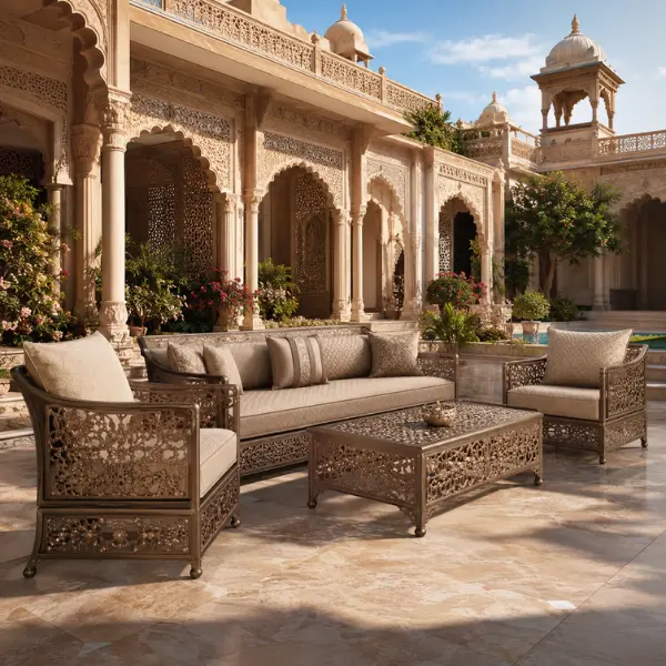 Royal boutique hotel outdoor seating for luxury palace balconies and heritage properties in Uttar Pradesh.