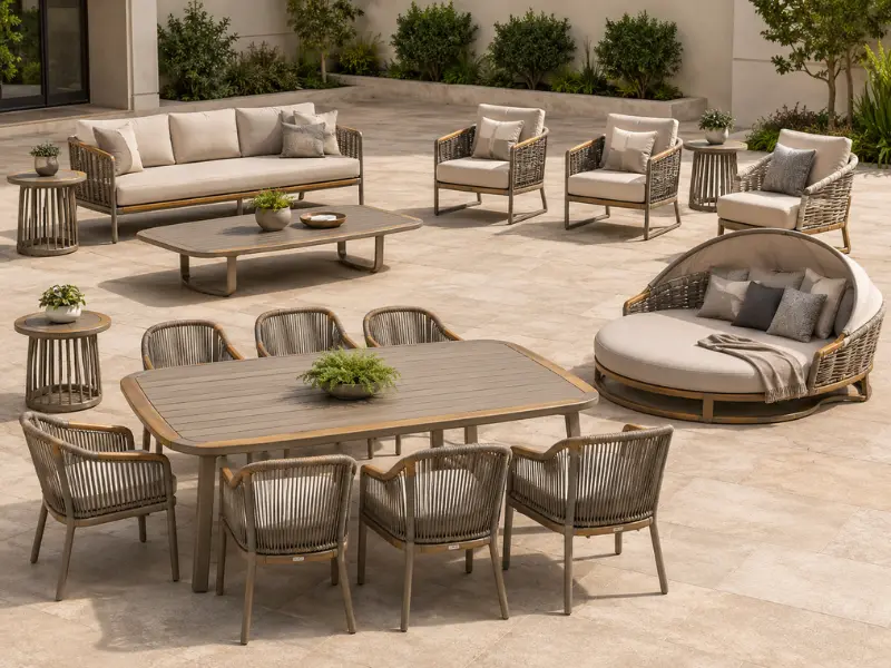 Premium royal villa patio furniture set crafted from cast aluminium, ideal for lakeside estates and farmhouses in Udaipur.