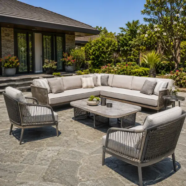 Weatherproof outdoor dining and seating furniture designed for Surat farmhouses, using UV-stabilized HDPE wicker and water-repellent fabrics.