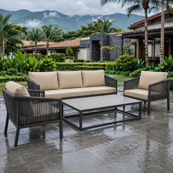 Premium rust-proof outdoor furniture on display at our Coimbatore manufacturing facility, featuring weather-resistant aluminum frames.