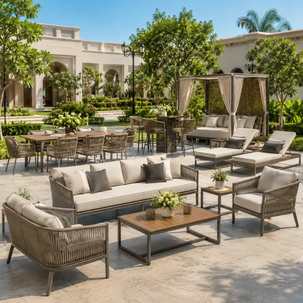 Rust-proof marine-grade aluminium outdoor lounge furniture supplied factory-direct for VIP event lawns.