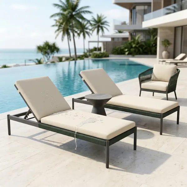 Close-up of marine-grade aluminium pool loungers with UV-stabilized wicker, built to withstand high humidity at Visakhapatnam beach hotels.