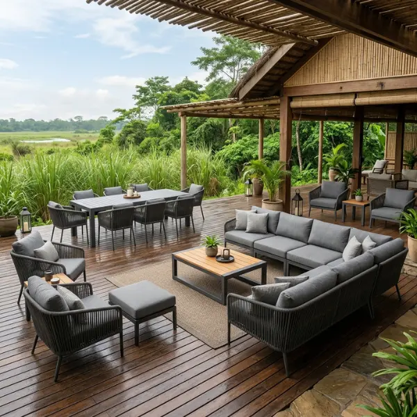 Weatherproof outdoor sectional sofa set and dining table installed on a wooden deck by Safari Lodge Furniture Kaziranga suppliers.