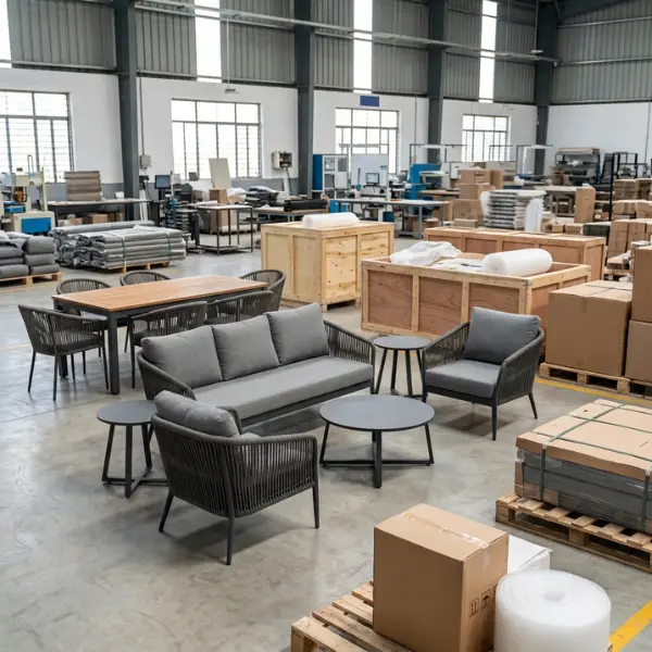 Craftnika's Delhi factory floor showing assembled outdoor sofa sets and dining tables packaged in wooden crates for Kaziranga resort dispatch.