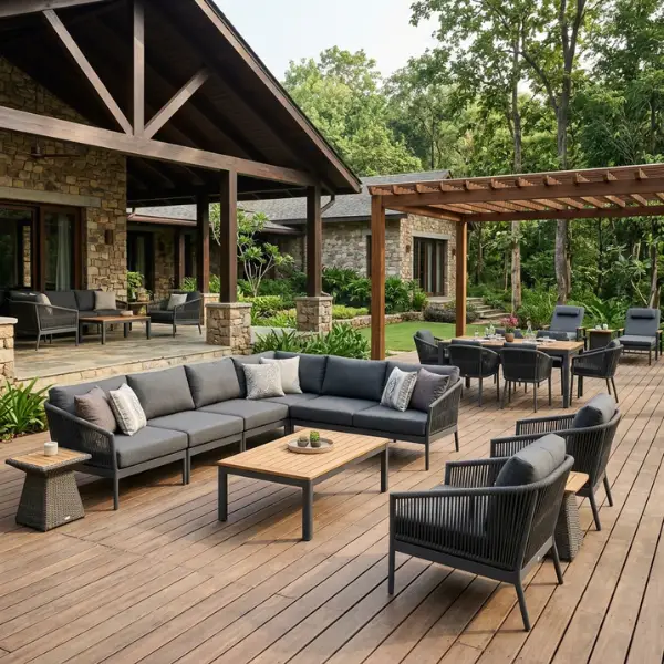 Custom rustic wood and marine-grade outdoor seating by Safari Lodge Furniture Manufacturer MP.