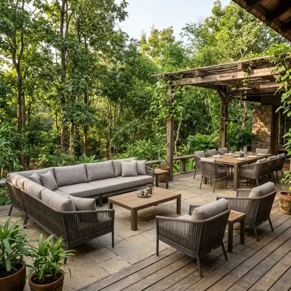 Rust-proof outdoor sectional sofa set and dining table installed on a wooden deck by Safari Lodge Furniture Supplier Tadoba.