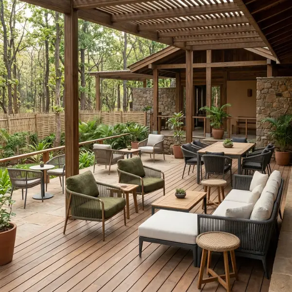Weatherproof olive green armchairs and sofa loungers arranged on a safari lodge veranda by Safari Lodge Furniture Supplier Tadoba.