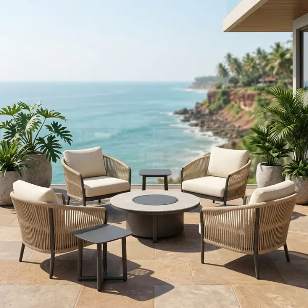 Salt-resistant marine-grade cafe seating built for Varkala's humid coastal climate.
