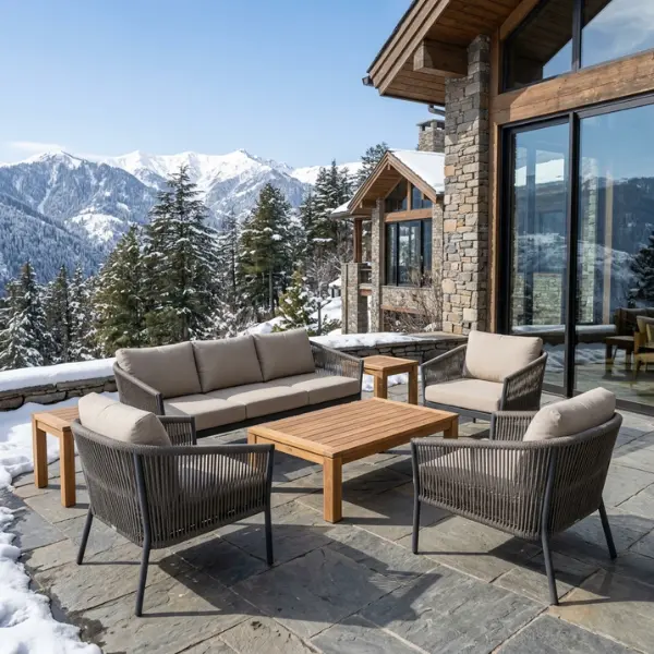 Premium snow proof resort patio furniture designed for luxury hotels and winter cabins in Shimla.