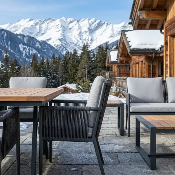 Custom snow-resistant outdoor seating manufactured for Manali adventure resorts and hotels.