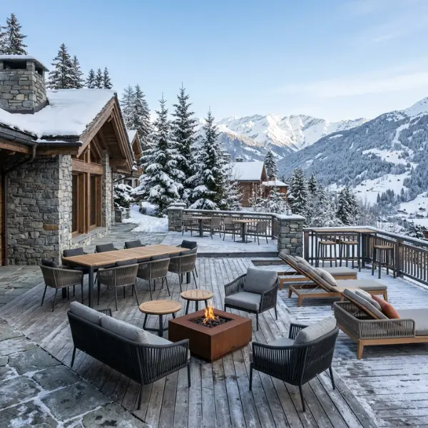 Rugged snow-season adventure resort furniture designed to withstand Manali's harsh winters.