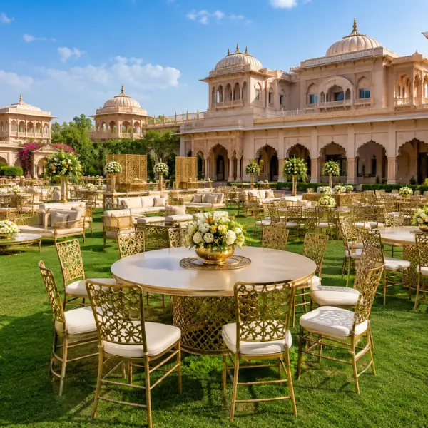 Commercial-grade stackable wedding chairs for event lawns in Uttar Pradesh.