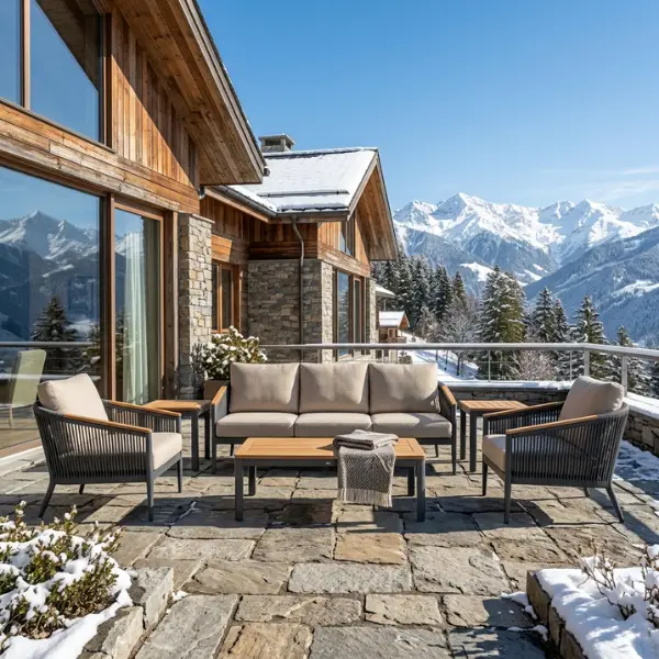 Heavy-duty sub-zero resistant outdoor furniture placed on a snowy patio in Shimla.