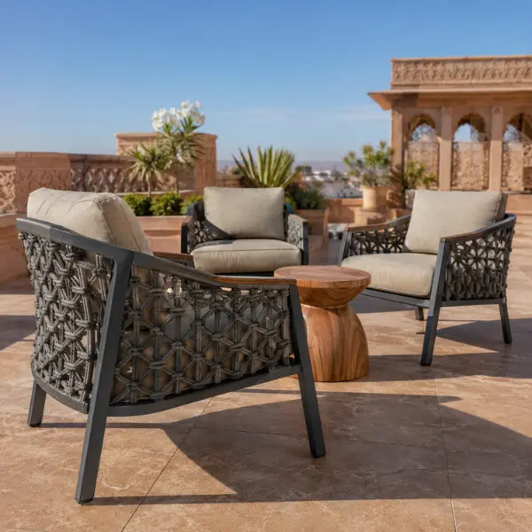 Sun-proof commercial outdoor seating manufactured for luxury resorts in Rajasthan.