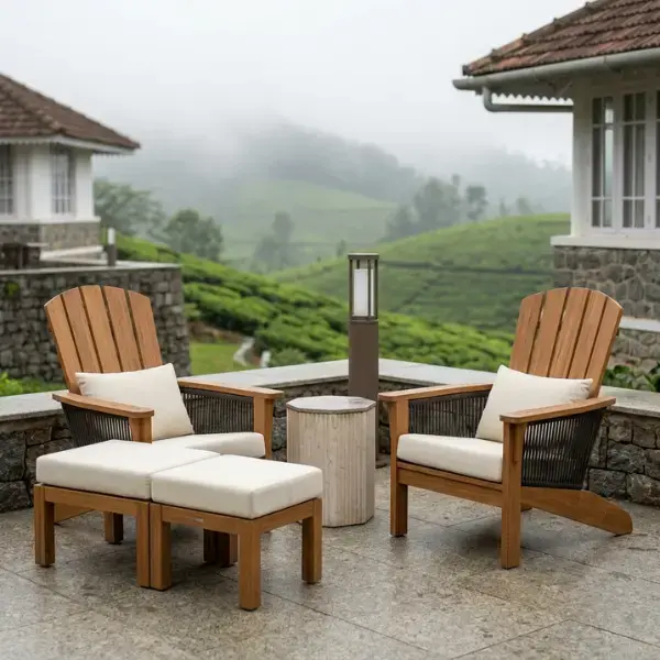 Sustainable hospitality furniture constructed from recyclable materials for eco-friendly tea estate resorts.