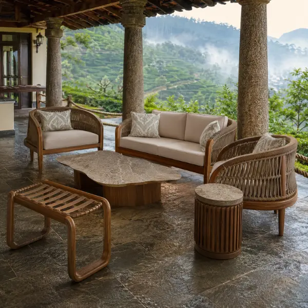 Premium tea estate bungalow patio furniture in Munnar featuring colonial-style design and weather-resistant materials.