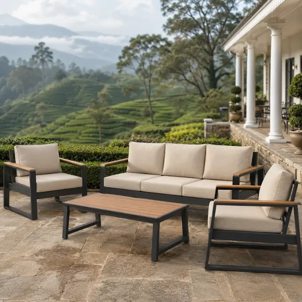 Premium weatherproof patio furniture designed for tea estate resorts in Coimbatore, featuring moisture-resistant wicker and commercial-grade aluminum frames.
