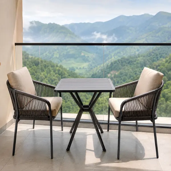 A robust teak wood commercial outdoor dining set placed on a hotel terrace, offering durability and elegance for alfresco dining.