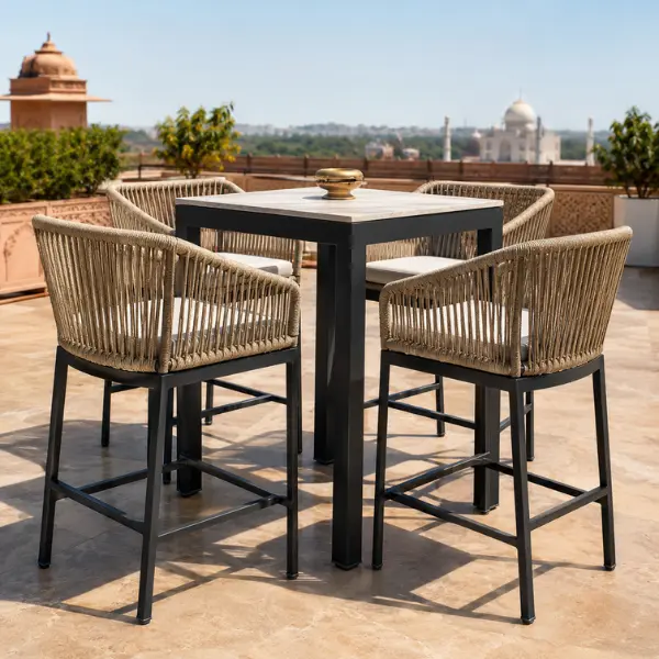 Close-up of UV-proof resort patio furniture featuring marine-grade aluminium frames and UV-stabilized wicker.