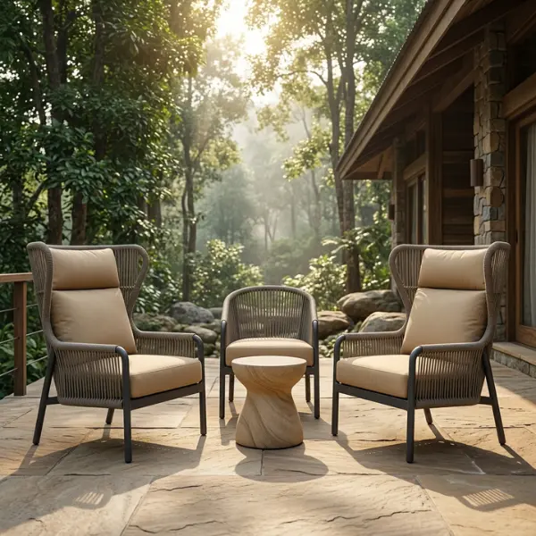 Waterproof jungle resort furniture setup at a luxury property in Ramnagar.