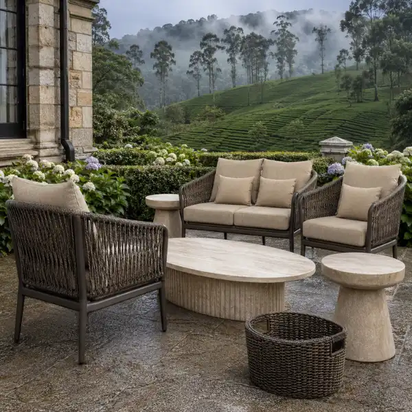 Premium waterproof outdoor furniture in Ooty featuring 100% rust-proof frames for hill station properties.