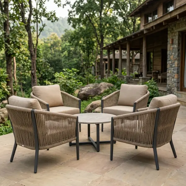 Close-up of waterproof patio furniture featuring UV-resistant wicker and quick-dry cushions.
