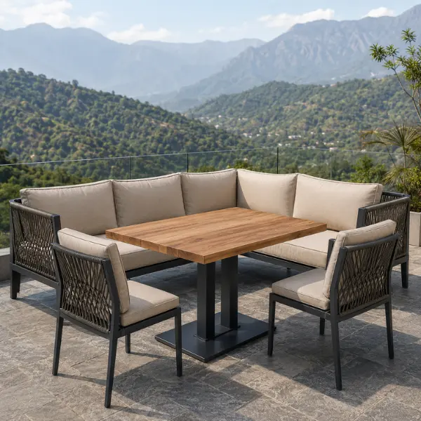 Waterproof rooftop cafe furniture with quick-dry cushions for Uttarakhand hospitality businesses.