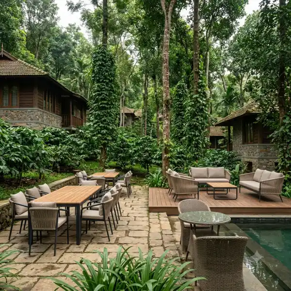Weatherproof outdoor seating solutions designed for Wayanad coffee plantation resorts, resisting red-soil moisture and high humidity.