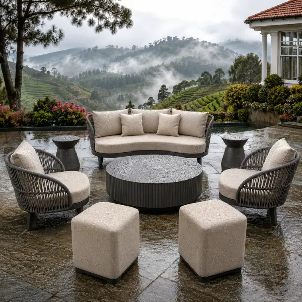 Weather-resistant resort dining sets manufactured with marine-grade aluminium for high-altitude climates.