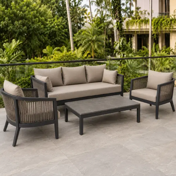Stylish weather-resistant wholesale resort seating arrangement on a patio, built with anti-corrosive materials to withstand heavy monsoons.