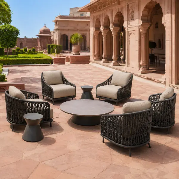 Weatherproof hospitality furniture built with marine-grade aluminium and UV-stabilized wicker.