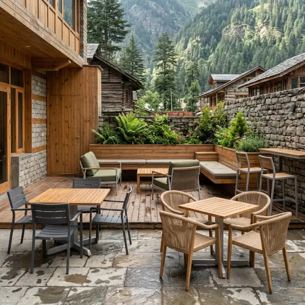 Weatherproof outdoor cafe furniture featuring UV-stabilised HDPE rope for Old Manali mountain cafes.