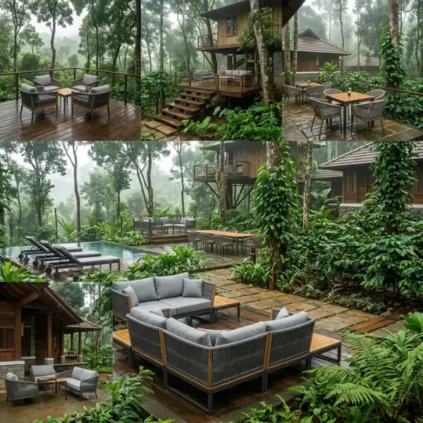 Lightweight, marine-grade aluminium deck furniture perfect for elevated treehouses in Wayanad resorts.