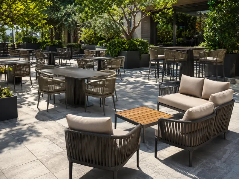 Premium wholesale outdoor cafe seating arrangement designed for luxury terraces and open-air food parks in Ahmedabad.