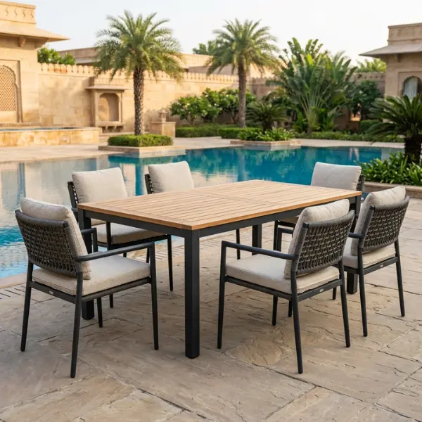 Premium wholesale outdoor dining table sets manufactured for luxury hotels and commercial spaces.