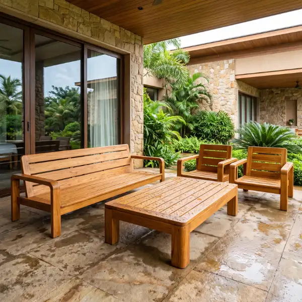 Wholesale teak wood resort seating and dining sets ready for commercial bulk orders from India