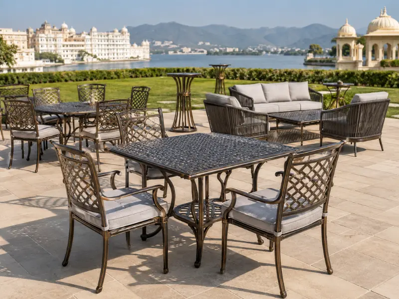 Wholesale wedding banquet outdoor furniture supplied directly from Delhi factory to Udaipur hotels and resorts.