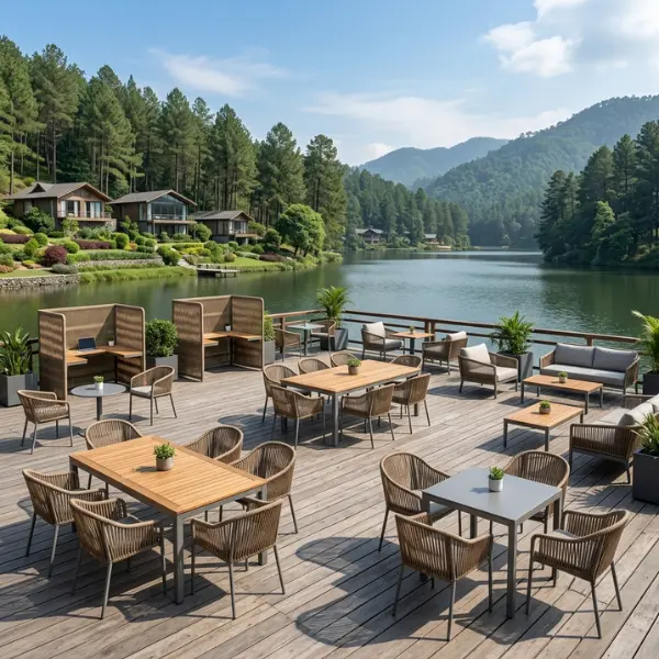 Outdoor workation retreat furniture for Bhowali and Bhimtal resorts, featuring rust-proof marine-grade aluminium seating.