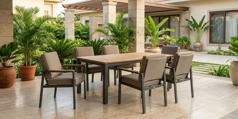 Weatherproof powder-coated aluminium patio dining sets and modular outdoor sofas