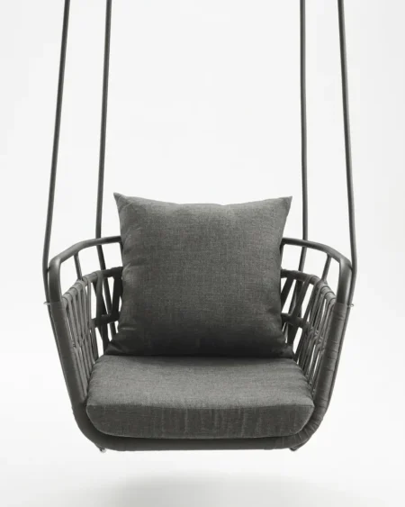 The Aeris Hanging Swing Chair featuring UV-stabilized synthetic wicker weaving and a rust-proof marine-grade aluminum frame.