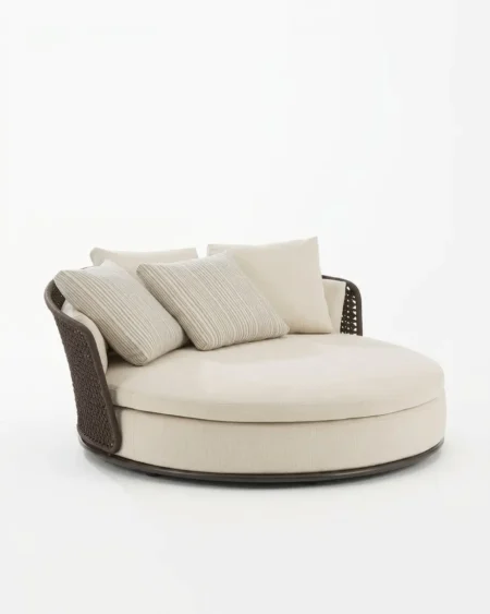 Luxury Alcazar rope round outdoor daybed featuring a rust-proof aluminium frame and UV-stabilized brown synthetic rope, manufactured for high-end resorts.